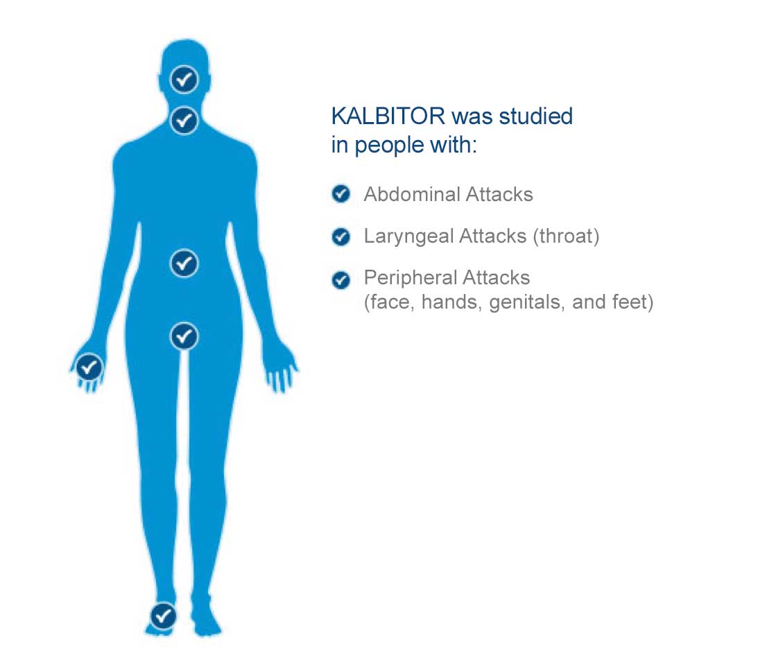 KALBITOR was studied in people with: abdominal attacks, laryngeal attacks (throat), and peripheral attacks (face, hands, genitals, and feet)